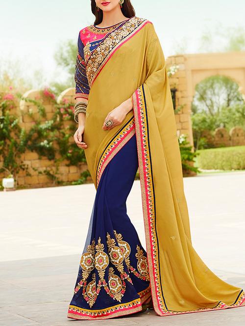 gold georgette half and half saree with blouse - 12554245 - Very Small Image - 1