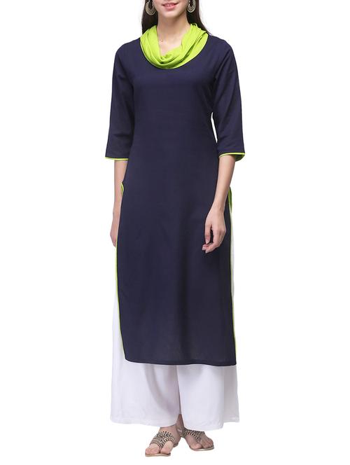 blue cotton straight solid kurta - 12555133 - Very Small Image - 1