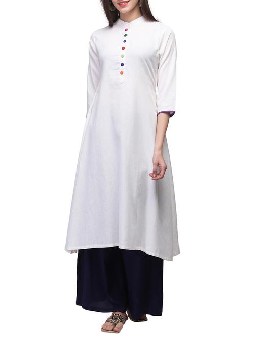 white cotton flared solid  kurta - 12555144 - Very Small Image - 1