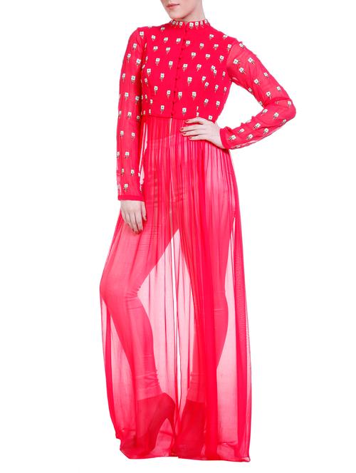 pink floral embroidered georgette high slit kurta - 12559073 - Very Small Image - 1