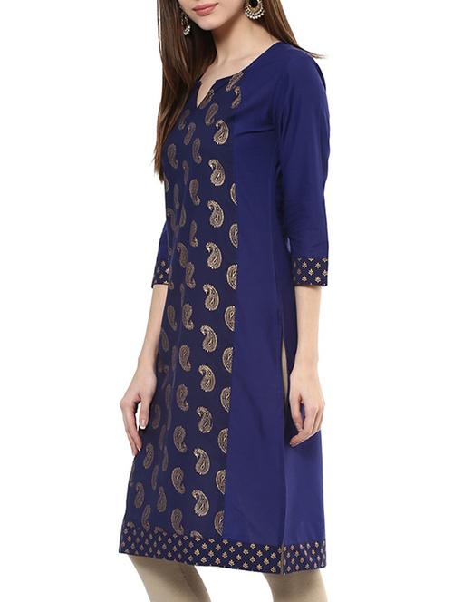 blue cotton straight printed kurta - 12560091 - Very Small Image - 1