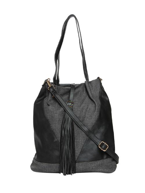 black leatherette tasselled handbag with sling - 12562382 - Very Small Image - 1
