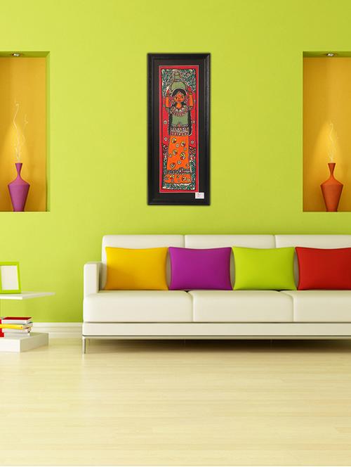 imithila mithila painting of a young rustic girl carrying water (65 x 27 cms) - 12564002 - Very Small Image - 1