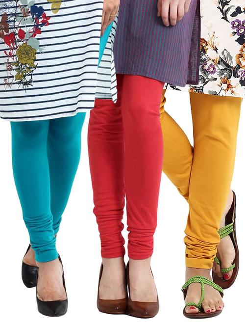 set of 3 multicolored cotton leggings - 12566278 - Very Small Image - 1