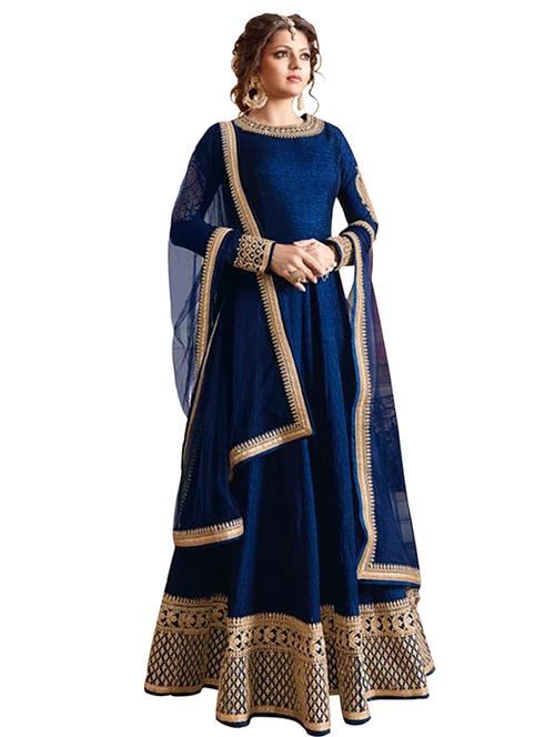 blue silk anarkali semi-stitched suit - 12566763 - Very Small Image - 1