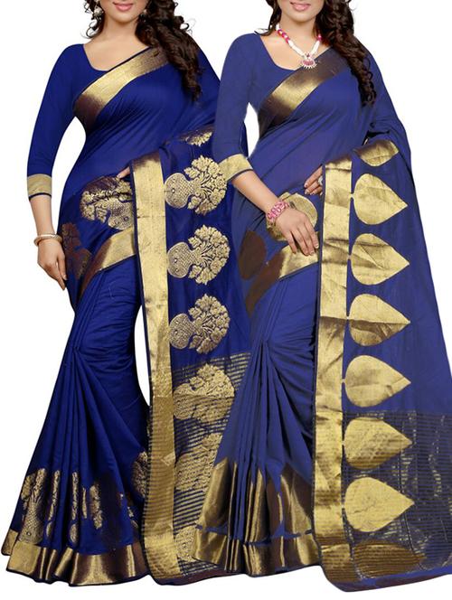 blue cotton banarasi saree combo with blouse - 12568480 - Very Small Image - 1