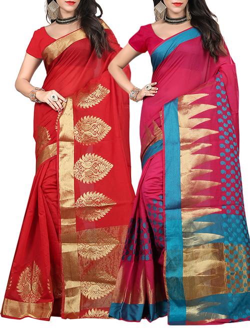 multi colored cotton banarasi saree combo with blouse - 12568489 - Very Small Image - 1