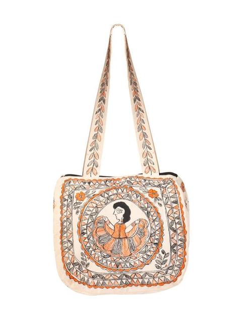 imithila lady dancing in orange choli madhubani style handpainted shoulder bag for women and girls - 12586042 - Very Small Image - 1