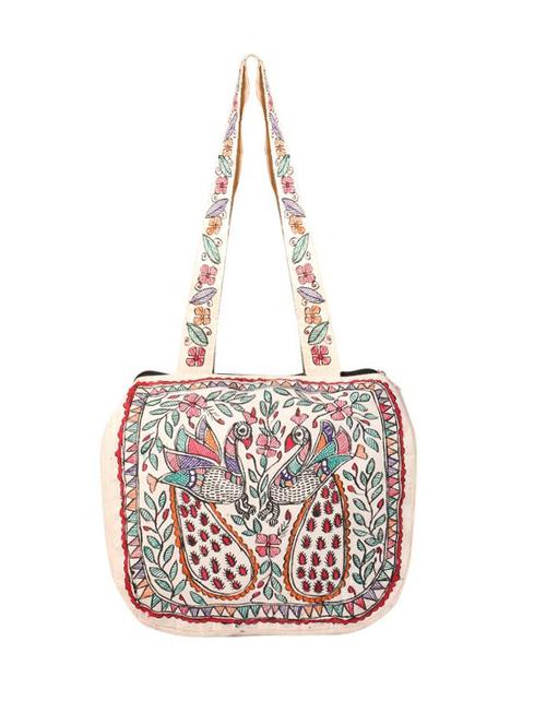 imithila pair of traditional wear clad woman with peacocks in mithila style handpainted ethnic shoulder bag for women and girls - 12586055 - Very Small Image - 1