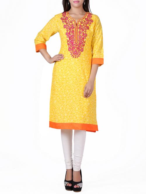 straight yellow cotton embroidered kurta - 12591275 - Very Small Image - 1