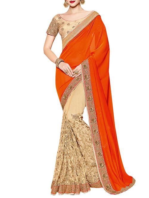 orange & beige silk embroidered half and half saree with blouse - 12591961 - Very Small Image - 1