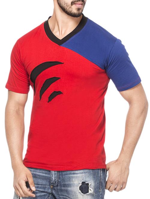 red and blue colour block cotton t-shirt - 12593372 - Very Small Image - 1