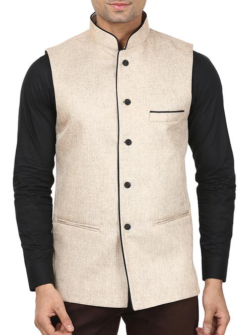 Beige Linen Nehru Jacket - 12594553 - Very Small Image - 1