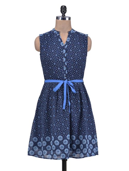 blue printed sleeveless dress - 1261192 - Very Small Image - 1