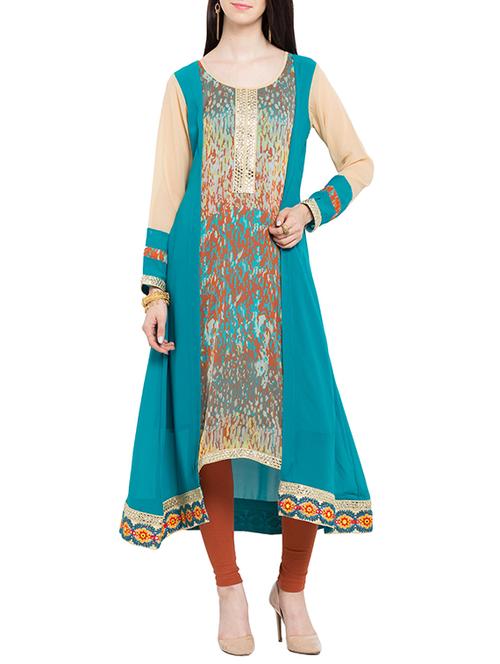 blue & beige georgette flared kurta - 12623819 - Very Small Image - 1