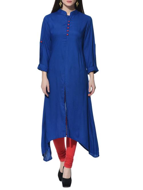 royal blue asymmetric solid  kurta - 12648597 - Very Small Image - 1