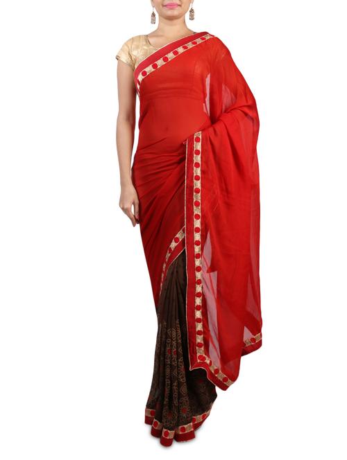 red and brown printed georgette saree - 1265352 - Very Small Image - 1