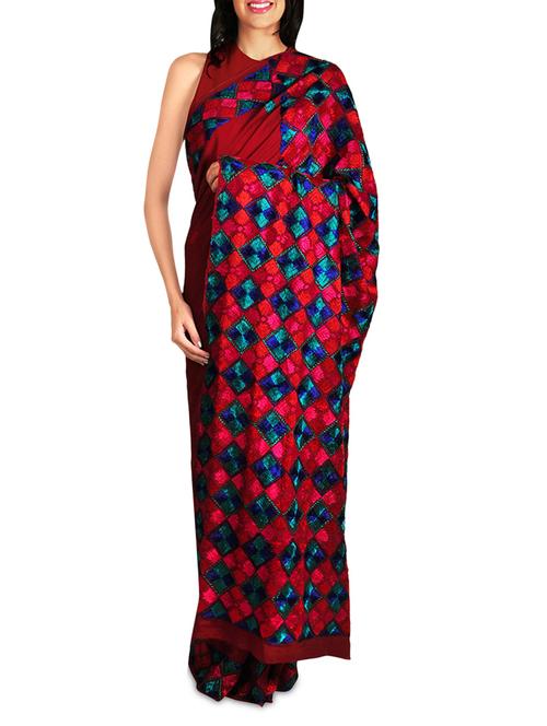 maroon pure crepe phulkari saree - 1266341 - Very Small Image - 1