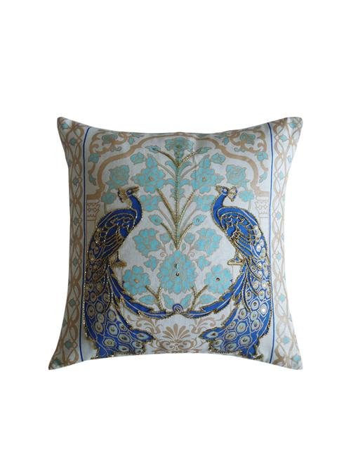 white printed and hand embellished peacock cotton cushion cover 16" x 16" - 12719823 - Very Small Image - 1