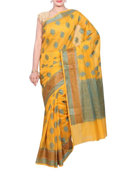 yellow cotton woven saree with blouse - 12758434 - Very Small Image - 1