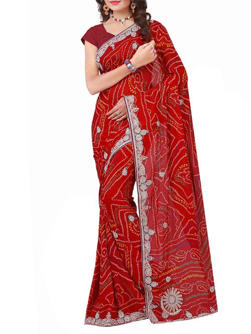 red bandhani saree with blouse - 12763077 - Very Small Image - 1