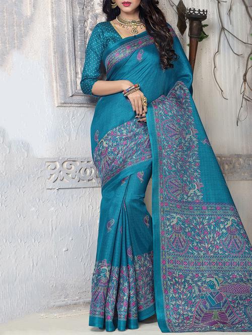 blue color printed art silk  saree with blouse - 12774007 - Very Small Image - 1