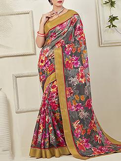 grey printed art silk saree with blouse - 12774023 - Very Small Image - 1