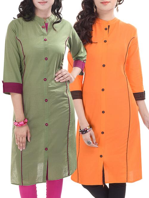 orange & green cotton combos kurta - 12776008 - Very Small Image - 1
