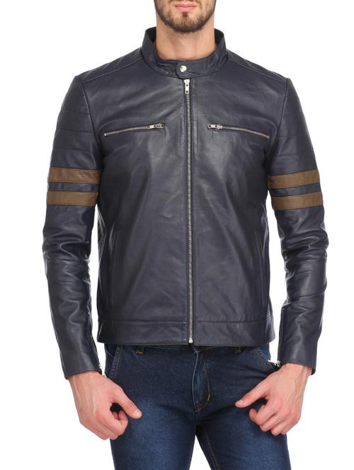 Navy Blue Faux Leather Biker Jacket - 12776685 - Very Small Image - 1