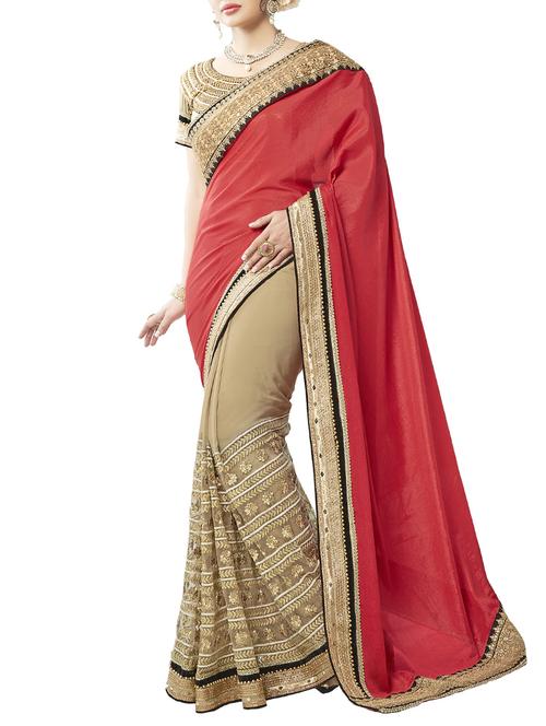 red georgette half and half saree with blouse - 12778726 - Very Small Image - 1