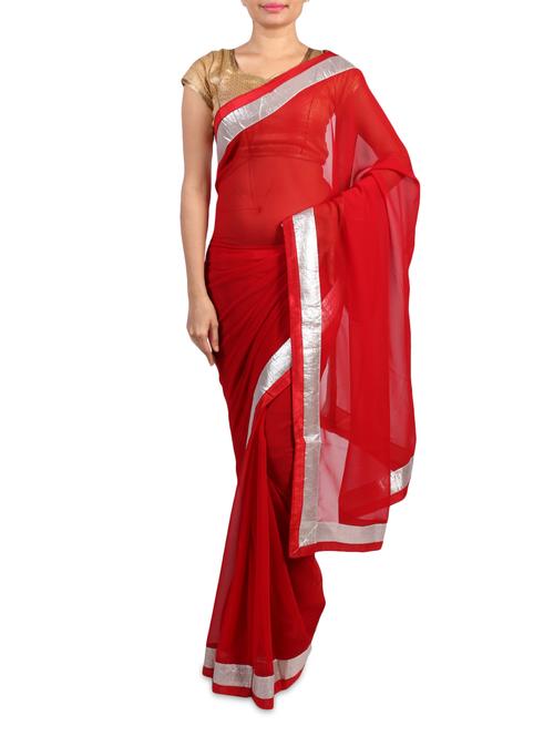 red georgette saree with silver border - 1277960 - Very Small Image - 1