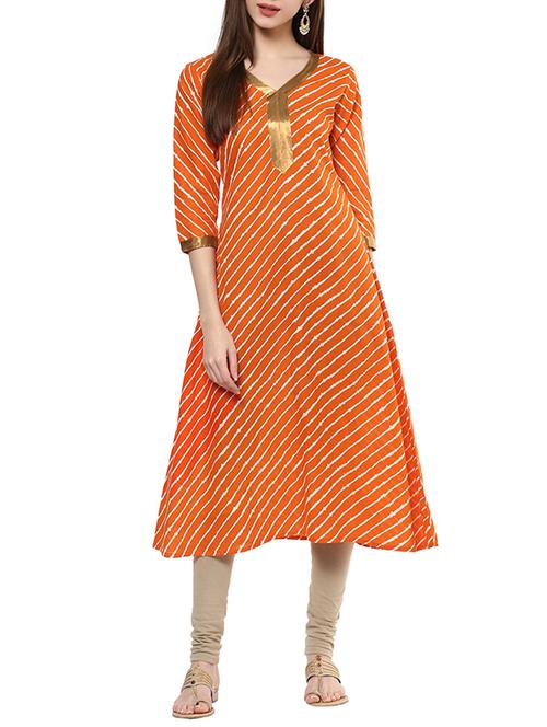 orange color cotton a-line kurta - 12780836 - Very Small Image - 1