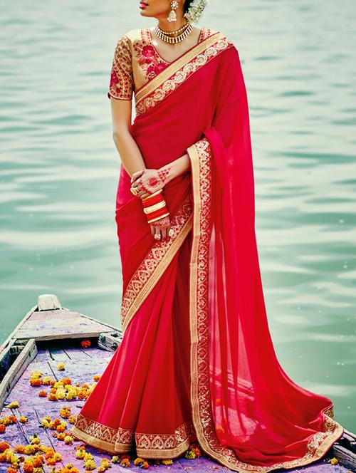 red color saree with blouse - 12783711 - Very Small Image - 1