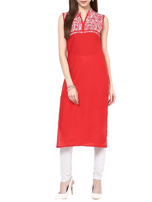 red cotton printed straight kurta - 12785264 - Very Small Image - 1