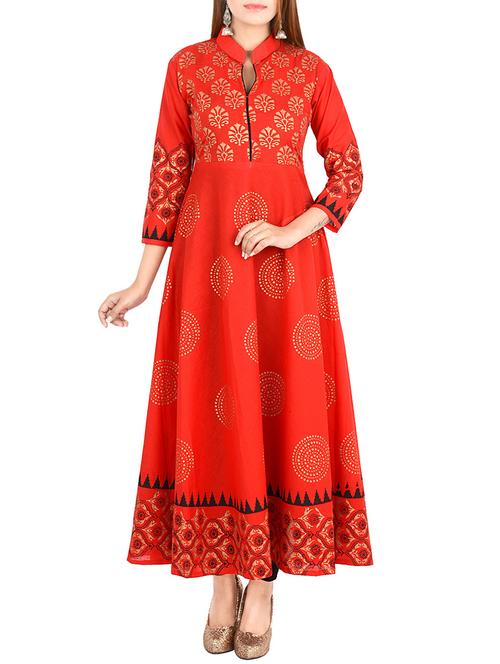 red cotton printed flared kurta - 12787533 - Very Small Image - 1