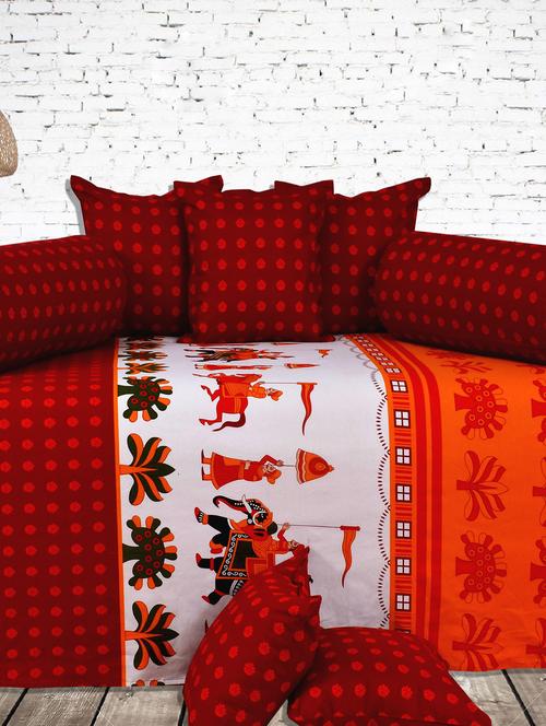 Salona Bichona 100 % Cotton Red Printed Diwan Set - 12788204 - Very Small Image - 1