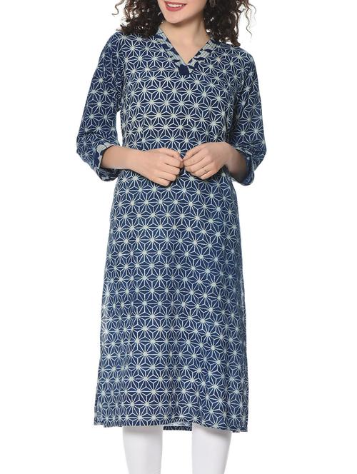 Indigo printed cotton kurta - 12797909 - Very Small Image - 1