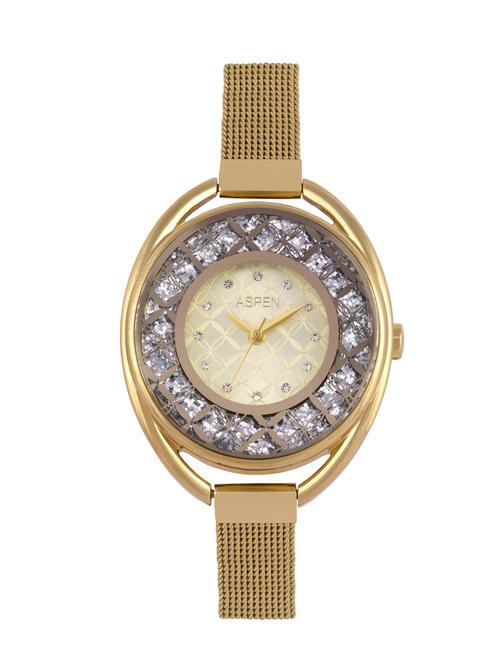 aspen fashionable analogue mesh strap ladies stainless steel gold color watch made from mineral crystal glass - 12798344 - Very Small Image - 1