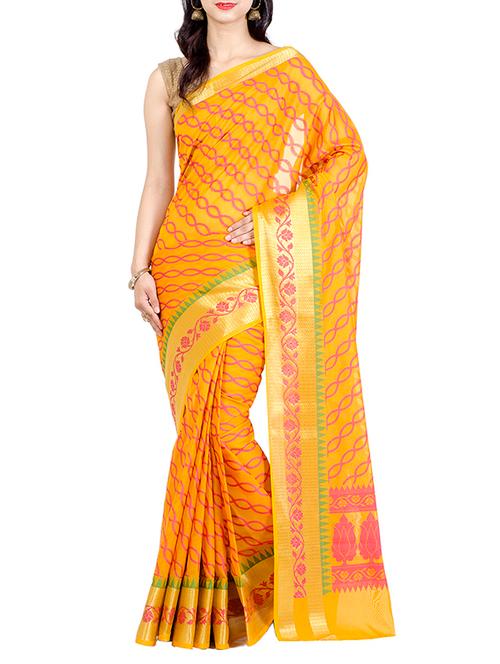 floral border geometrical woven saree with blouse - 12801440 - Very Small Image - 1