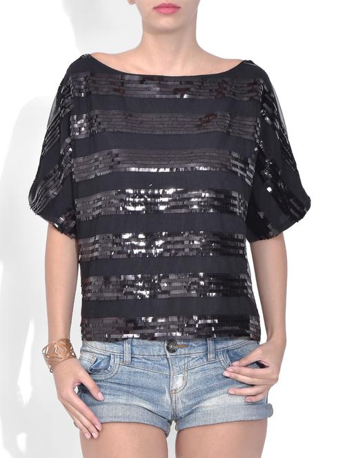 black sequined poly net and poly georgette top - 1280987 - Very Small Image - 1