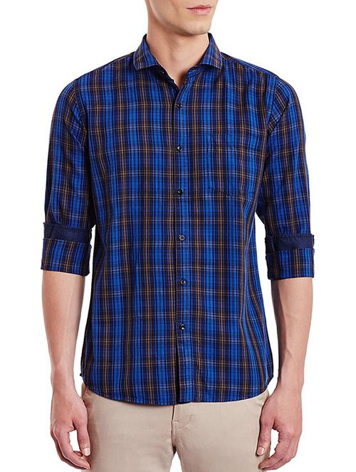 blue colored cotton casual checked  shirt - 12811799 - Very Small Image - 1