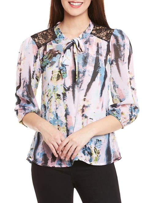 tie neck lace panel top - 12814088 - Very Small Image - 1