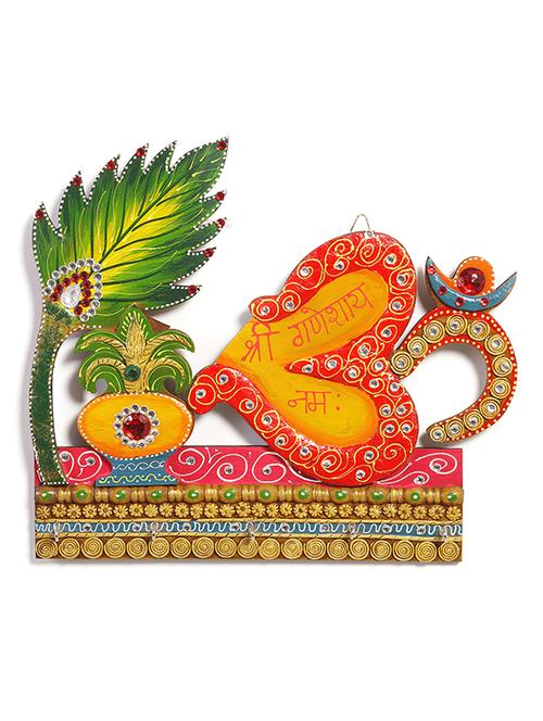 kalash and om symbol wall art with wood and clay art work - 12814191 - Very Small Image - 1