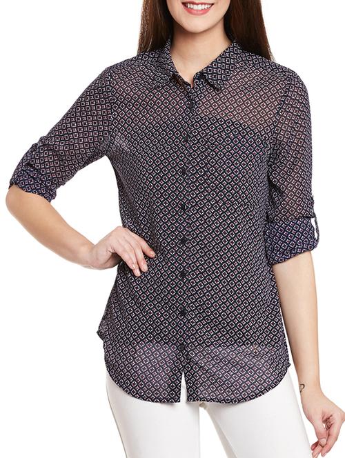 navy blue printed georgette regular shirt - 12814583 - Very Small Image - 1