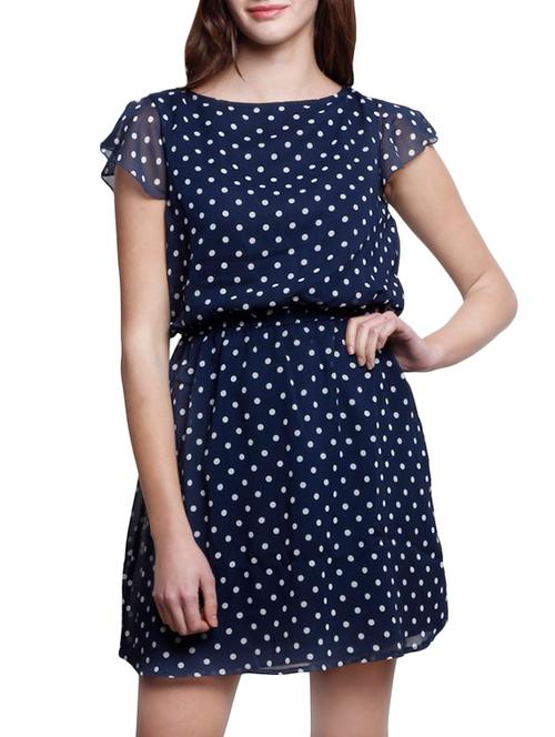 navy blue polka dots printed jersey dress - 12815264 - Very Small Image - 1