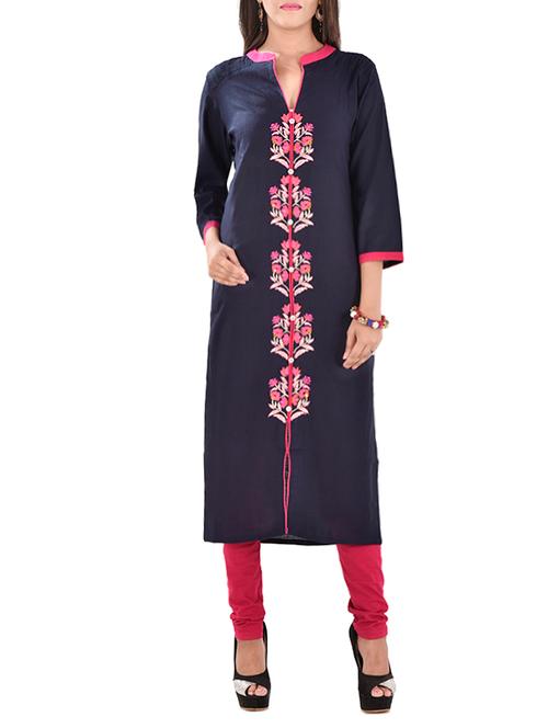 blue cotton embroidered kurta - 12819148 - Very Small Image - 1
