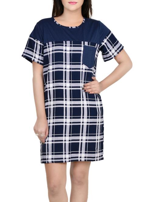 navy blue checkered cotton nighty - 12819987 - Very Small Image - 1