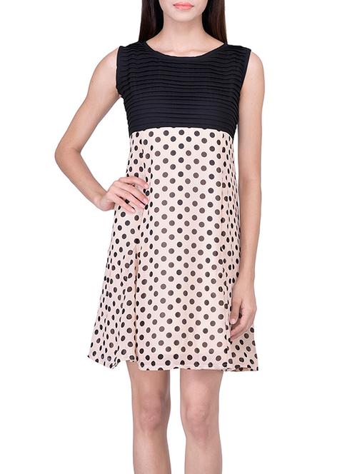 beige polka dots printed fit & flare dress - 12823359 - Very Small Image - 1