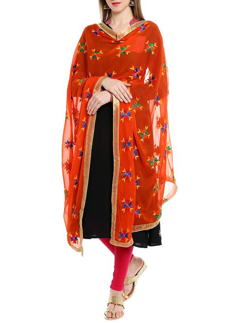 orange chiffon phulkari dupatta - 12826645 - Very Small Image - 1