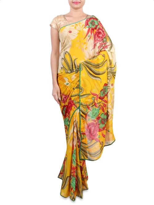 yellow printed georgette saree - 1282820 - Very Small Image - 1